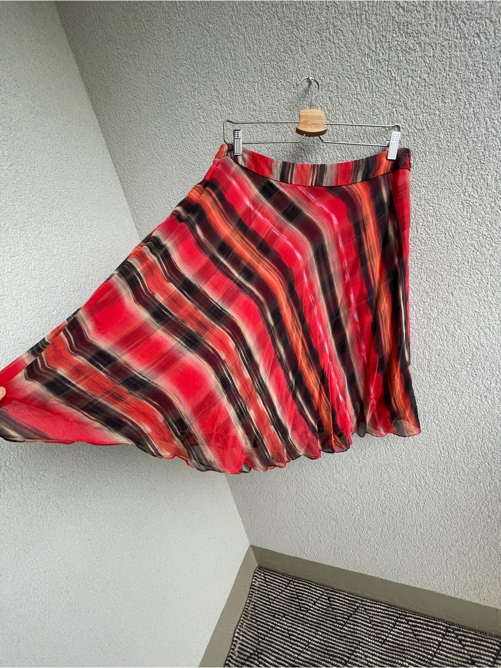 100% silk Red Striped A-Line midi Women's Skirt